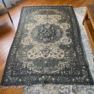 World Market tapestry rug dark green, black, gray and tan. Burlap-like material